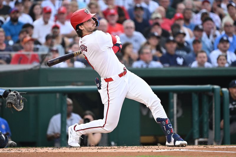 Aug 26, 2024; Washington, District of Columbia, USA; Washington Nationals center fielder Dylan Crews (3) watches the ball after hitting it into play during his first MLB at bat during the first inning against the New York Yankees at Nationals Park. Mandatory Credit: Rafael Suanes-USA TODAY Sports