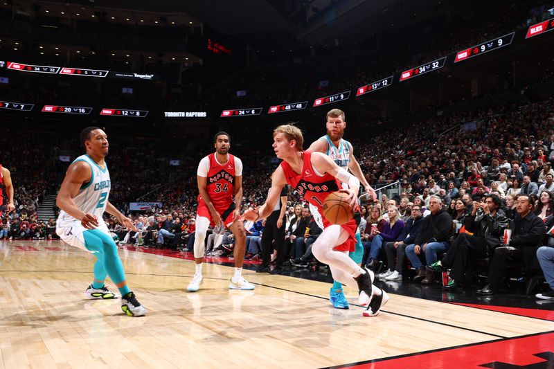 TORONTO, CANADA - MARCH 3: Gradey Dick #1 of the Toronto Raptors dribbles the ball during the game against the Charlotte Hornets on March 3, 2024 at the Scotiabank Arena in Toronto, Ontario, Canada.  NOTE TO USER: User expressly acknowledges and agrees that, by downloading and or using this Photograph, user is consenting to the terms and conditions of the Getty Images License Agreement.  Mandatory Copyright Notice: Copyright 2024 NBAE (Photo by Vaughn Ridley/NBAE via Getty Images)