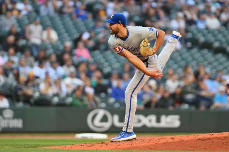 May 14, 2024; Seattle, Washington, USA; Kansas City Royals starting pitcher Michael Wacha (52) pitches to the Seattle Mariners during the second inning at T-Mobile Park. Mandatory Credit: Steven Bisig-USA TODAY Sports