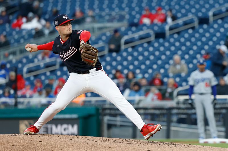 Apr 8, 2025; Washington, District of Columbia, USA; Washington Nationals starting pitcher Brad Lord (61) pitches against the Los Angeles Dodgers during the second inning at Nationals Park. Mandatory Credit: Geoff Burke-Imagn Images