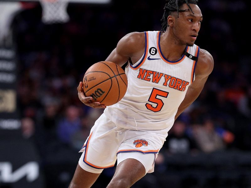 NEW YORK, NEW YORK - APRIL 09:  Immanuel Quickley #5 of the New York Knicks drives in the second half against the Indiana Pacers at Madison Square Garden on April 09, 2023 in New York City. NOTE TO USER: User expressly acknowledges and agrees that, by downloading and or using this photograph, User is consenting to the terms and conditions of the Getty Images License Agreement. (Photo by Elsa/Getty Images)