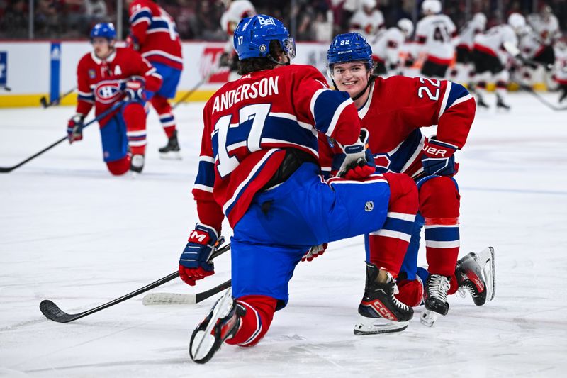 Jan 23, 2024; Montreal, Quebec, CAN; Montreal Canadiens right wing Cole Caufield (22) has a discussion with right wing Josh Anderson (17) during a warm-up before the game against the Ottawa Senators at Bell Centre. Mandatory Credit: David Kirouac-USA TODAY Sports