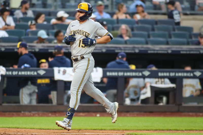 Sep 9, 2023; Bronx, New York, USA; Milwaukee Brewers right fielder Tyrone Taylor (15) circles the bases after hitting a solo home run in the eighth inning against the New York Yankees at Yankee Stadium. Mandatory Credit: Wendell Cruz-USA TODAY Sports