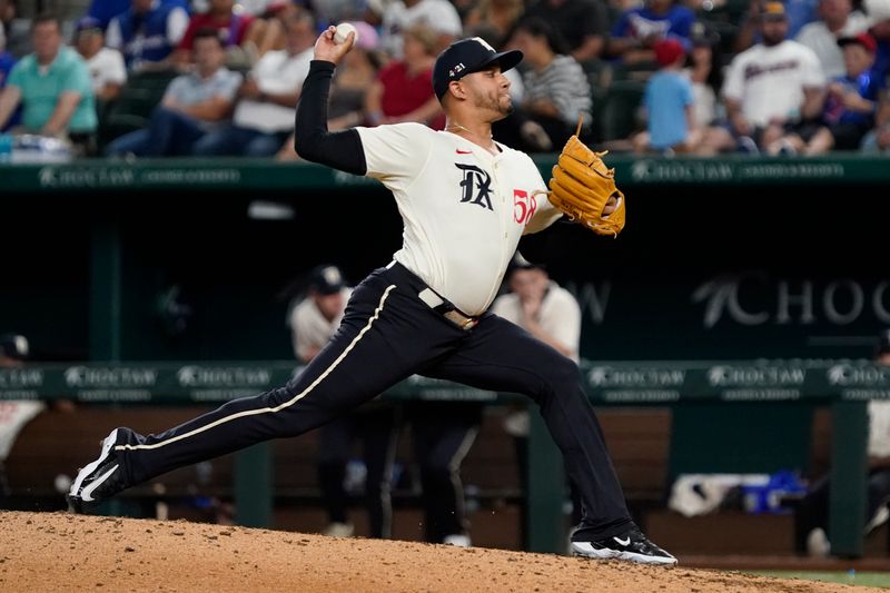 Aug 16, 2024; Arlington, Texas, USA; Texas Rangers pitcher Gerson Garabito (58) throws to the plate during the ninth inning against the Minnesota Twins at Globe Life Field. Mandatory Credit: Raymond Carlin III-USA TODAY Sports