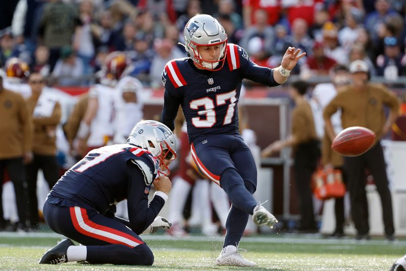 New England Patriots place kicker Chad Ryland kicks a field goal against the Washington Commanders during an NFL football game at Gillette Stadium, Sunday Nov. 5, 2023 in Foxborough, Mass. (Winslow Townson/AP Images for Panini)