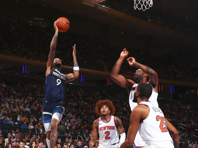 NEW YORK, NY - OCTOBER 13: Nickeil Alexander-Walker #9 of the Minnesota Timberwolves shoots the ball during the game on October 13, 2024 at Madison Square Garden in New York City, New York.  NOTE TO USER: User expressly acknowledges and agrees that, by downloading and or using this photograph, User is consenting to the terms and conditions of the Getty Images License Agreement. Mandatory Copyright Notice: Copyright 2024 NBAE  (Photo by David L. Nemec/NBAE via Getty Images)