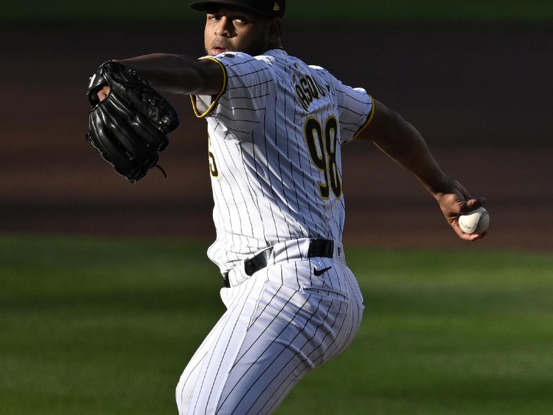 Apr 20, 2024; San Diego, California, USA; San Diego Padres starting pitcher Randy Vasquez (98) throws a pitch against the Toronto Blue Jays during the first inning at Petco Park. Mandatory Credit: Orlando Ramirez-USA TODAY Sports
