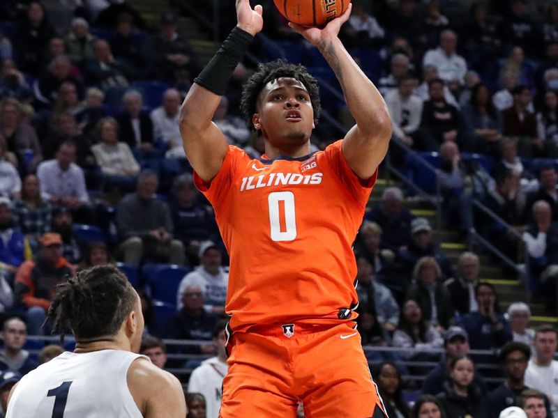 Feb 14, 2023; University Park, Pennsylvania, USA; Illinois Fighting Illini guard Terrence Shannon Jr (0) shoots the ball during the second half against the Penn State Nittany Lions at Bryce Jordan Center. Penn State defeated Illinois 93-81. Mandatory Credit: Matthew OHaren-USA TODAY Sports