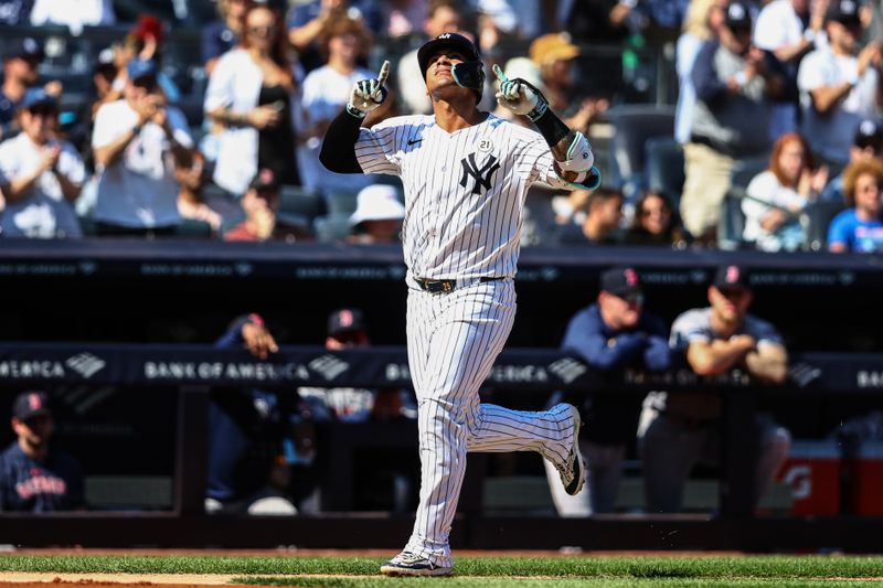 Sep 15, 2024; Bronx, New York, USA;  New York Yankees second baseman Gleyber Torres (25) gestures after hitting a solo home run in the third inning against the Boston Red Sox at Yankee Stadium. Mandatory Credit: Wendell Cruz-Imagn Images