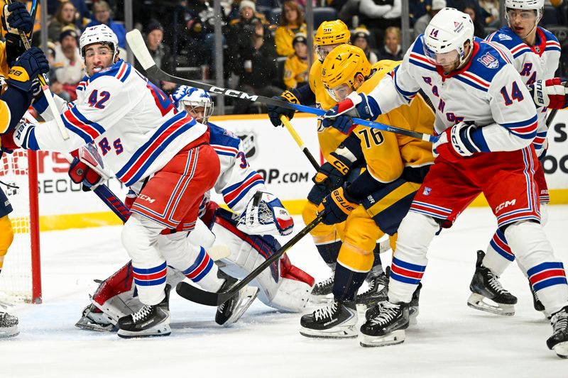 Dec 21, 2025; Nashville, Tennessee, USA;  Nashville Predators defenseman Brady Skjei (76) and New York Rangers right wing Taylor Raddysh (14) battle for the puck during the first period at Bridgestone Arena. Mandatory Credit: Steve Roberts-Imagn Images