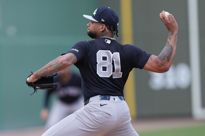 Mar 4, 2026; Fort Myers, Florida, USA;  New York Yankees pitcher Luis Gil (81) pitches against the Boston Red Sox in the first inning at JetBlue Park at Fenway South. Mandatory Credit: Jim Rassol-Imagn Images