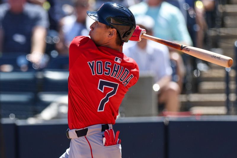 Mar 18, 2025; Tampa, Florida, USA; Boston Red Sox outfielder Masataka Yoshida (7) hits a two run home runagainst the New York Yankees in the sixth inning during spring training at George M. Steinbrenner Field. Mandatory Credit: Nathan Ray Seebeck-Imagn Images