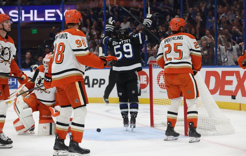Oct 25, 2025; Tampa, Florida, USA; Tampa Bay Lightning center Jake Guentzel (59) celebrates after he scored a goal against the Anaheim Ducks during the first period at Benchmark International Arena. Mandatory Credit: Kim Klement Neitzel-Imagn Images