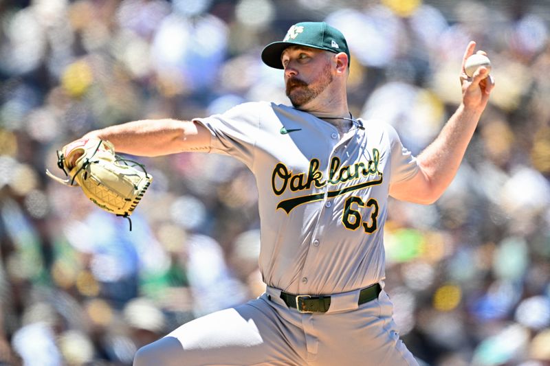 Jun 12, 2024; San Diego, California, USA; Oakland Athletics starting pitcher Hogan Harris (63) pitches against the San Diego Padres during the second inning at Petco Park. Mandatory Credit: Orlando Ramirez-USA TODAY Sports