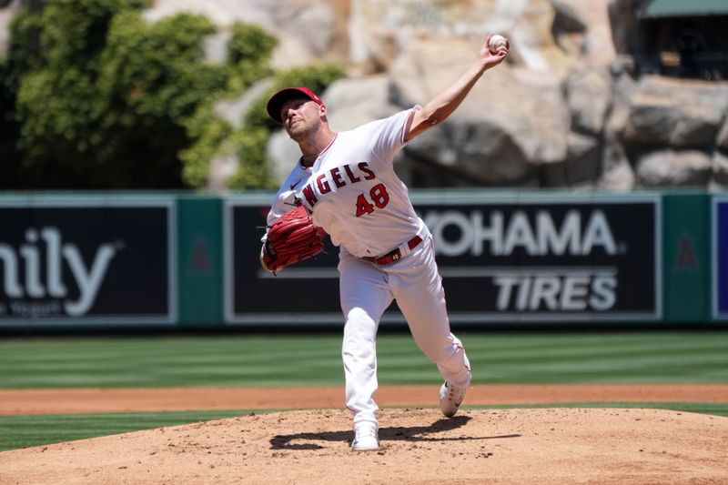 Jul 2, 2023; Anaheim, California, USA; Los Angeles Angels starting pitcher Reid Detmers (48) throws against the Arizona Diamondbacks at Angel Stadium. Mandatory Credit: Kirby Lee-USA TODAY Sports