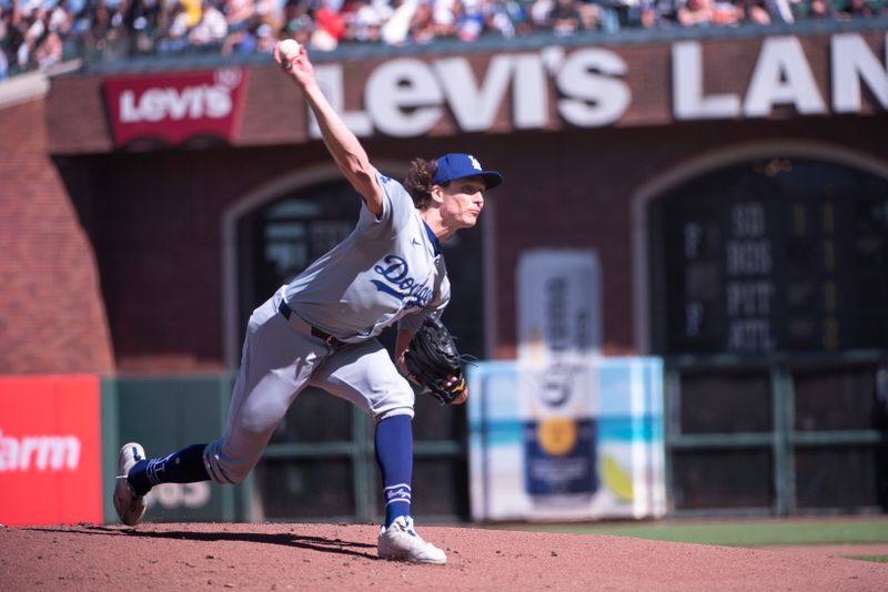 Jun 29, 2024; San Francisco, California, USA; Los Angeles Dodgers pitcher Tyler Glasnow (31) throws a pitch against the San Francisco Giants during the first inning at Oracle Park. Mandatory Credit: Ed Szczepanski-USA TODAY Sports