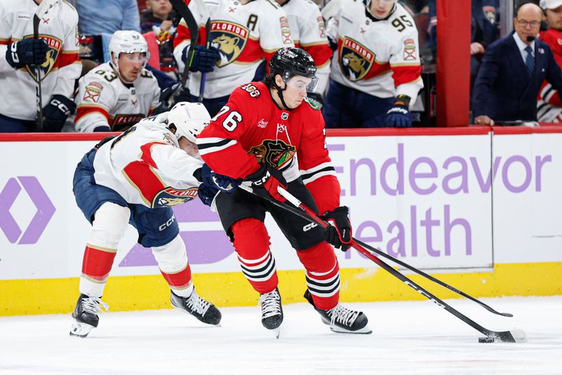 Jan 25, 2026; Chicago, Illinois, USA; Chicago Blackhawks left wing Nick Lardis (76) tries to control the puck against the Florida Panthers during the first period at United Center. Mandatory Credit: Kamil Krzaczynski-Imagn Images
