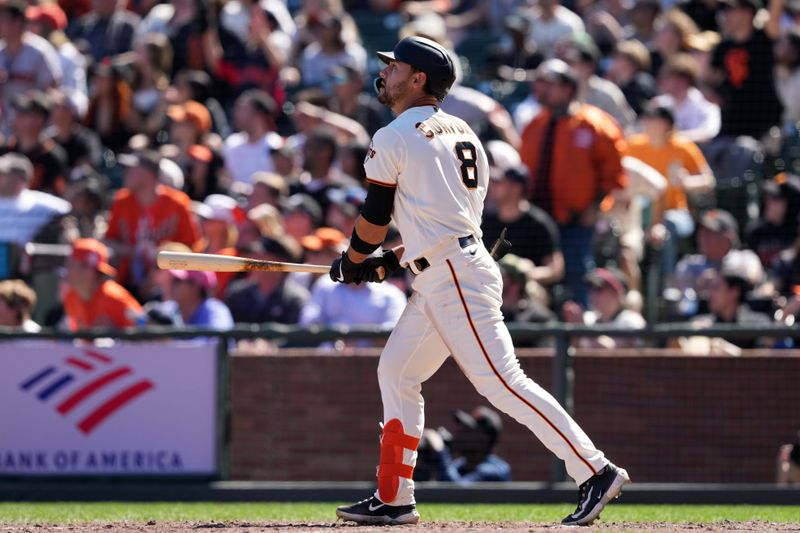 Apr 9, 2023; San Francisco, California, USA; San Francisco Giants right fielder Michael Conforto (8) watches his home run against the Kansas City Royals during the eighth inning at Oracle Park. Mandatory Credit: Darren Yamashita-USA TODAY Sports