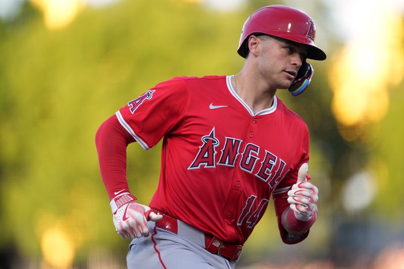 May 21, 2025; West Sacramento, California, USA; Los Angeles Angels catcher Logan O'Hoppe (14) rounds third base after hitting a home run against the Athletics in the second inning at Sutter Health Park. Mandatory Credit: Cary Edmondson-Imagn Images