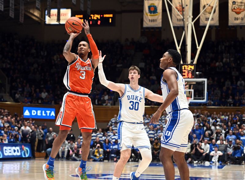 Jan 2, 2024; Durham, North Carolina, USA; Syracuse Orange guard Judah Mintz (3) shoots in front of Duke Blue Devils guard Caleb Foster (1) during the first half at Cameron Indoor Stadium. Mandatory Credit: Rob Kinnan-USA TODAY Sports