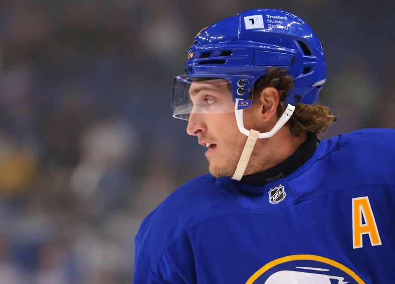 Sep 21, 2024; Buffalo, New York, USA;  Buffalo Sabres center Tage Thompson (72) during a stoppage in play during the first period against the Pittsburgh Penguins at KeyBank Center. Mandatory Credit: Timothy T. Ludwig-Imagn Images