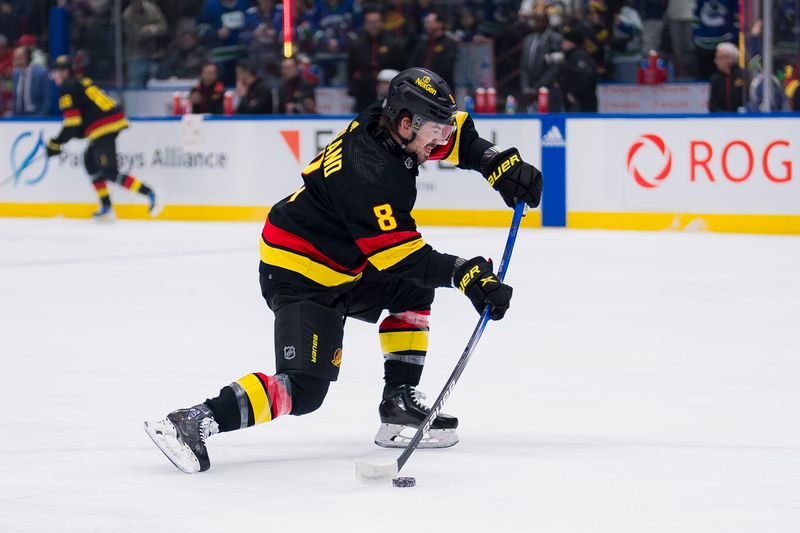 Feb 15, 2024; Vancouver, British Columbia, CAN; Vancouver Canucks forward Conor Garland (8) shoots during warm up prior to a game against the Detroit Red Wings at Rogers Arena.  Mandatory Credit: Bob Frid-USA TODAY Sports