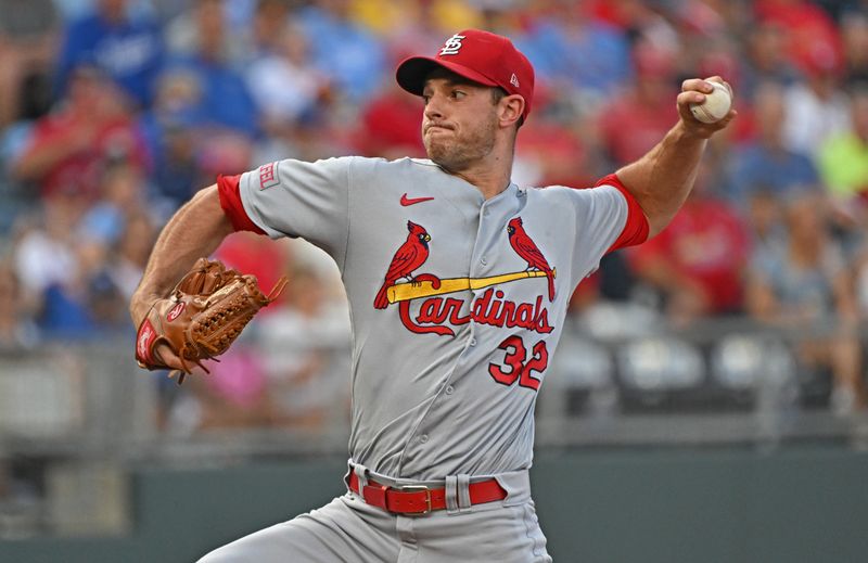 Aug 12, 2023; Kansas City, Missouri, USA;  St. Louis Cardinals starting pitcher Steven Matz (32) delivers a pitch in the first inning against the Kansas City Royals at Kauffman Stadium. Mandatory Credit: Peter Aiken-USA TODAY Sports