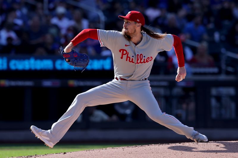 Oct 1, 2023; New York City, New York, USA; Philadelphia Phillies starting pitcher Matt Strahm (25) pitches against the New York Mets during the first inning at Citi Field. Mandatory Credit: Brad Penner-USA TODAY Sports