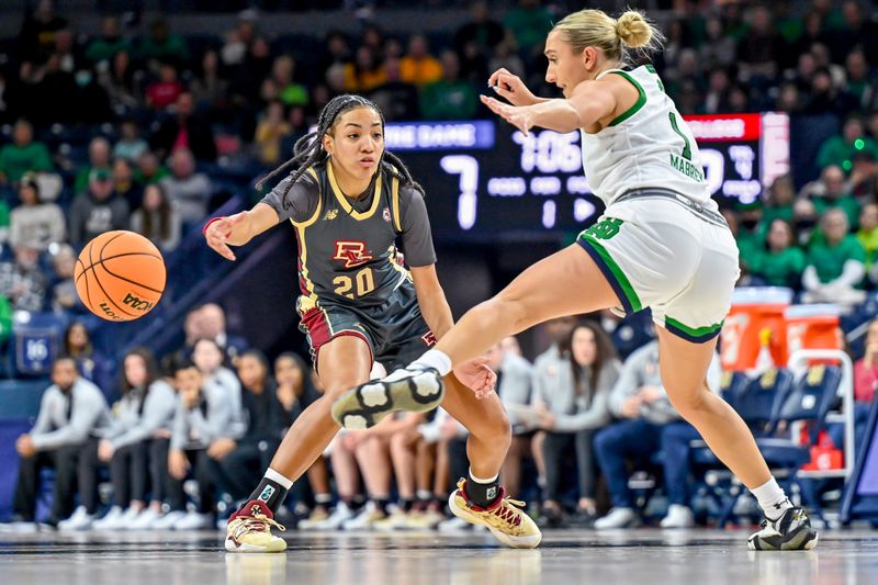 Jan 1, 2023; South Bend, Indiana, USA; Boston College Eagles guard Taina Mair (20) passes the ball as Notre Dame Fighting Irish guard Dara Mabrey (1) defends in the first half at the Purcell Pavilion. Mandatory Credit: Matt Cashore-USA TODAY Sports