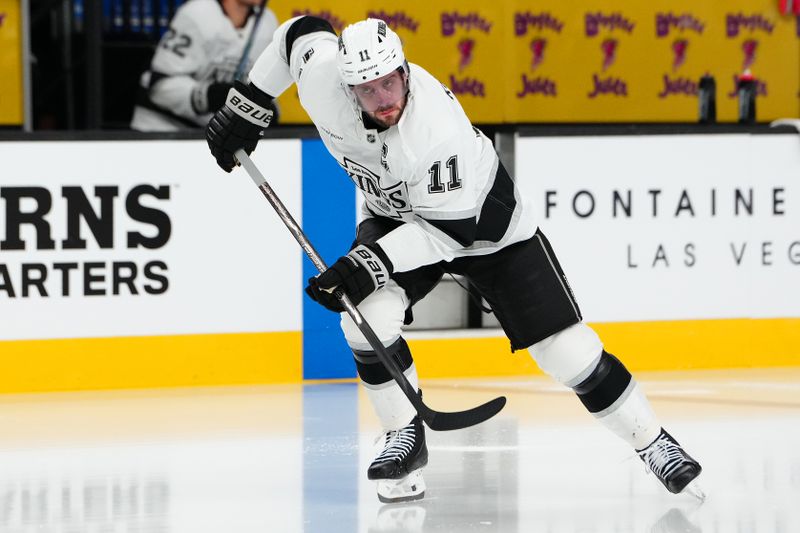 Oct 22, 2024; Las Vegas, Nevada, USA; Los Angeles Kings center Anze Kopitar (11) warms up before a game against the Vegas Golden Knights at T-Mobile Arena. Mandatory Credit: Stephen R. Sylvanie-Imagn Images