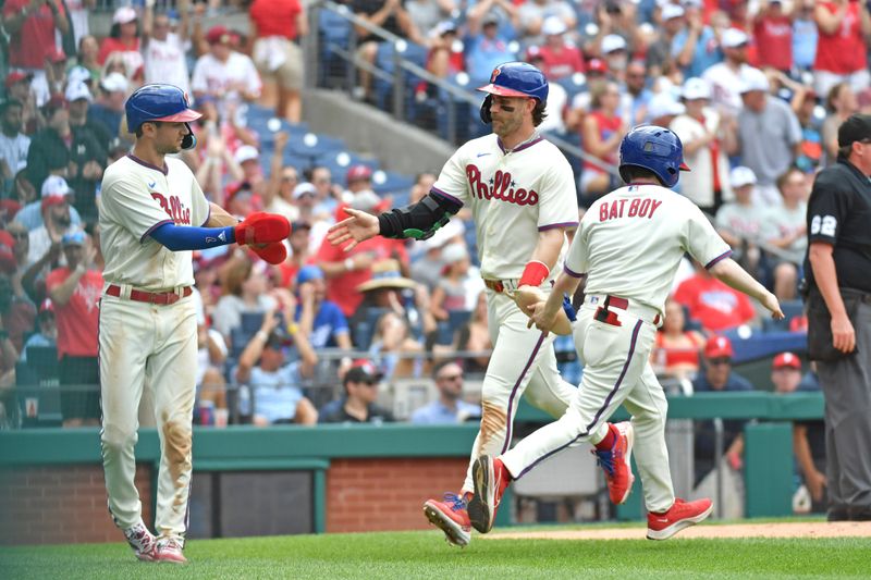 Jun 11, 2023; Philadelphia, Pennsylvania, USA; Philadelphia Phillies designated hitter Bryce Harper (3) score a run against the Los Angeles Dodgers during the third inning at Citizens Bank Park. Mandatory Credit: Eric Hartline-USA TODAY Sports