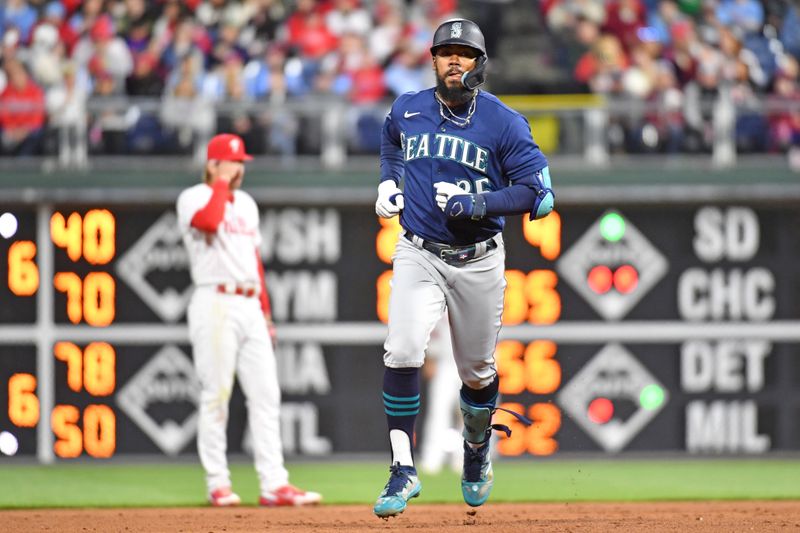 Apr 25, 2023; Philadelphia, Pennsylvania, USA; Seattle Mariners right fielder Teoscar Hernandez (35) celebrates his two-run home run during the sixth inning against the Philadelphia Phillies at Citizens Bank Park. Mandatory Credit: Eric Hartline-USA TODAY Sports