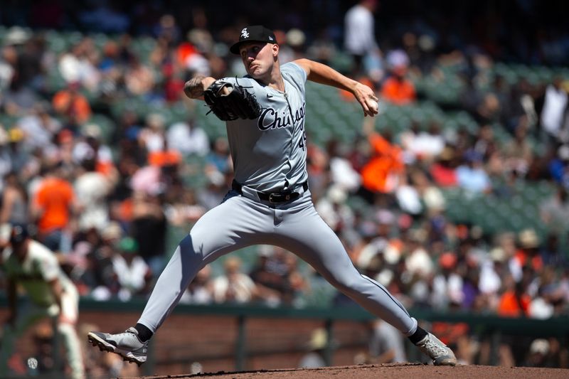 Aug 21, 2024; San Francisco, California, USA; Chicago White Sox starting pitcher Garrett Crochet (45) delivers a pitch against the San Francisco Giants during the second inning at Oracle Park. Mandatory Credit: D. Ross Cameron-USA TODAY Sports