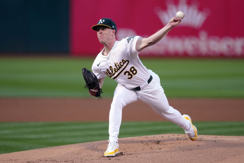 May 3, 2024; Oakland, California, USA; Oakland Athletics starting pitcher JP Sears (38) throws a pitch against the Miami Marlins during the first inning at Oakland-Alameda County Coliseum. Mandatory Credit: Darren Yamashita-USA TODAY Sports