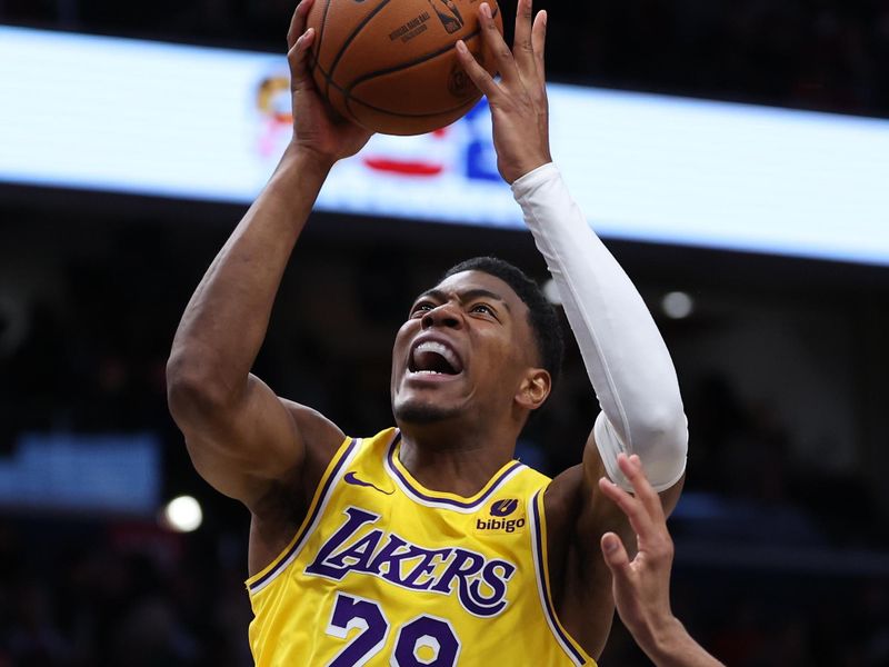 WASHINGTON, DC - APRIL 03: Rui Hachimura #28 of the Los Angeles Lakers in action against the Washington Wizards at Capital One Arena on April 03, 2024 in Washington, DC. NOTE TO USER: User expressly acknowledges and agrees that, by downloading and or using this photograph, User is consenting to the terms and conditions of the Getty Images License Agreement. (Photo by Patrick Smith/Getty Images)