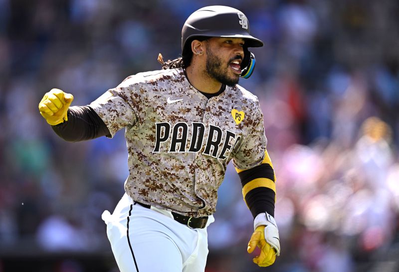 Apr 28, 2024; San Diego, California, USA; San Diego Padres catcher Luis Campusano (12) celebrates after hitting a three-run home run against the Philadelphia Phillies during the seventh inning at Petco Park. Mandatory Credit: Orlando Ramirez-USA TODAY Sports