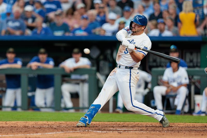 May 18, 2024; Kansas City, Missouri, USA; Kansas City Royals first base Vinnie Pasquantino (9) at bat during the seventh inning against the Oakland Athletics at Kauffman Stadium. Mandatory Credit: William Purnell-USA TODAY Sports