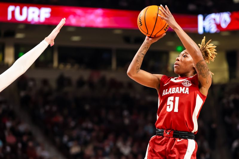 Feb 22, 2024; Columbia, South Carolina, USA; Alabama Crimson Tide guard Del'Janae Williams (51) shoots against the South Carolina Gamecocks in the second half at Colonial Life Arena. Mandatory Credit: Jeff Blake-USA TODAY Sports