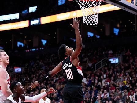 TORONTO, ON - OCTOBER 30: Scoot Henderson #00 of the Portland Trail Blazers goes to the basket against the Toronto Raptors during the first half of their basketball game at the Scotiabank Arena on October 30, 2023 in Toronto, Ontario, Canada. NOTE TO USER: User expressly acknowledges and agrees that, by downloading and/or using this Photograph, user is consenting to the terms and conditions of the Getty Images License Agreement. (Photo by Mark Blinch/Getty Images)