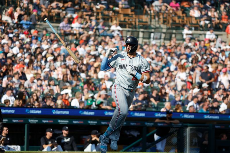 Jul 27, 2024; Detroit, Michigan, USA; Minnesota Twins designated hitter Royce Lewis (23) celebrates after hitting a home run in the first inning against the Detroit Tigers at Comerica Park. Mandatory Credit: Brian Bradshaw Sevald-USA TODAY Sports