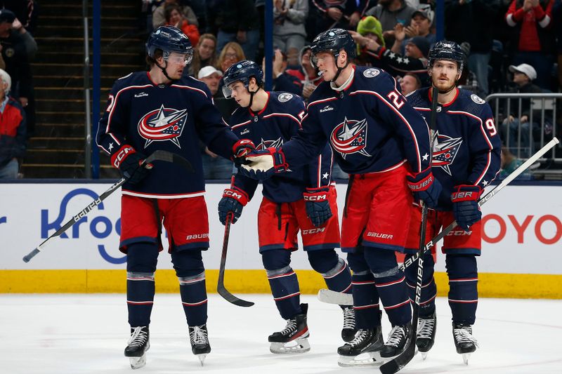 Dec 7, 2022; Columbus, Ohio, USA; Columbus Blue Jackets right wing Patrik Laine (29) celebrates his goal against the Buffalo Sabres during the second period at Nationwide Arena. Mandatory Credit: Russell LaBounty-USA TODAY Sports