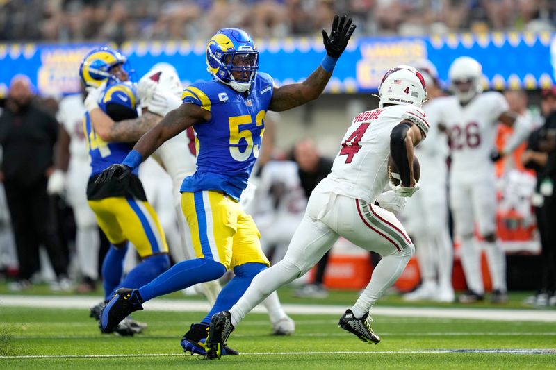 Los Angeles Rams linebacker Ernest Jones (53) chases Arizona Cardinals wide receiver Rondale Moore (4) during the second half of an NFL football game Sunday, Oct. 15, 2023, in Inglewood, Calif. (AP Photo/Ashley Landis)