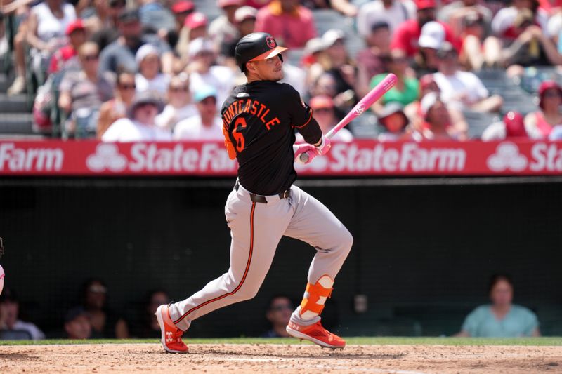 May 11, 2025; Anaheim, California, USA; Baltimore Orioles first baseman Ryan Mountcastle (6) hits a run-scoring single in the fifth inning against the Los Angeles Angels at Angel Stadium. Mandatory Credit: Kirby Lee-Imagn Images