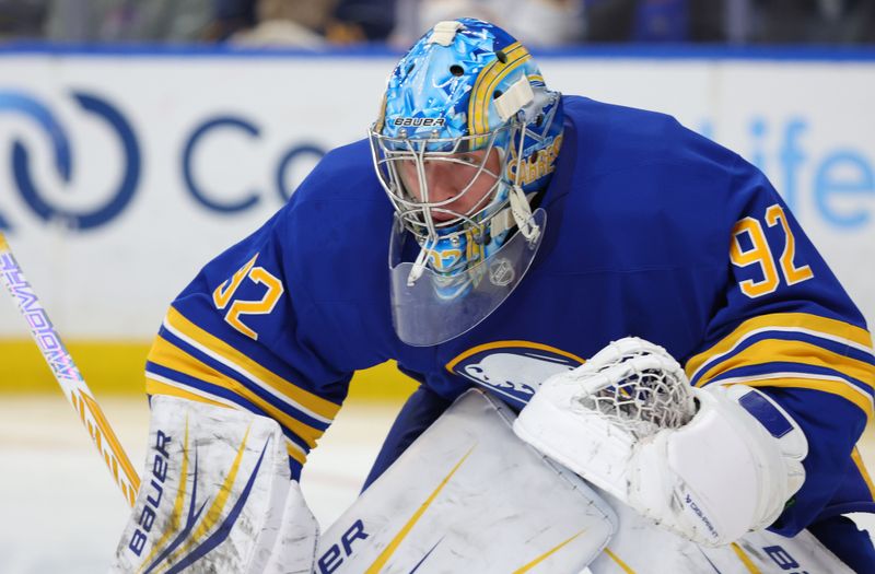 Jan 12, 2026; Buffalo, New York, USA;  Buffalo Sabres goaltender Colten Ellis (92) looks for the puck during the third period against the Florida Panthers at KeyBank Center. Mandatory Credit: Timothy T. Ludwig-Imagn Images