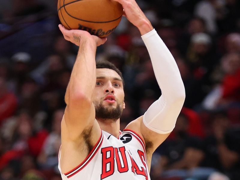 CHICAGO, ILLINOIS - NOVEMBER 06: Zach LaVine #8 of the Chicago Bulls shoots a three pointer against the Utah Jazz during the first half at the United Center on November 06, 2023 in Chicago, Illinois. NOTE TO USER: User expressly acknowledges and agrees that, by downloading and or using this photograph, User is consenting to the terms and conditions of the Getty Images License Agreement. (Photo by Michael Reaves/Getty Images)