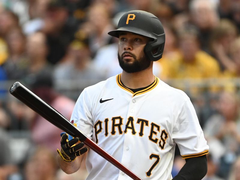 Aug 3, 2024; Pittsburgh, Pennsylvania, USA;  Pittsburgh Pirates second baseman Isiah Kiner-Falefa (7) reacts after a pitch in a game against the Arizona Diamondbacks at PNC Park. Mandatory Credit: Philip G. Pavely-USA TODAY Sports