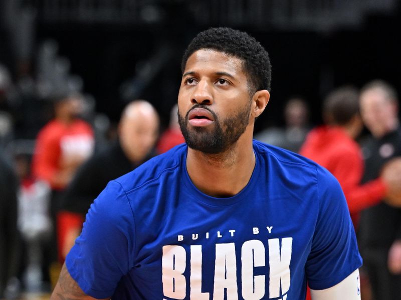 ATLANTA, GEORGIA - FEBRUARY 05: Paul George #13 of the Los Angeles Clippers warms up before the game against the Atlanta Hawks at State Farm Arena on February 05, 2024 in Atlanta, Georgia. NOTE TO USER: User expressly acknowledges and agrees that, by downloading and or using this photograph, User is consenting to the terms and conditions of the Getty Images License Agreement. (Photo by Paras Griffin/Getty Images)