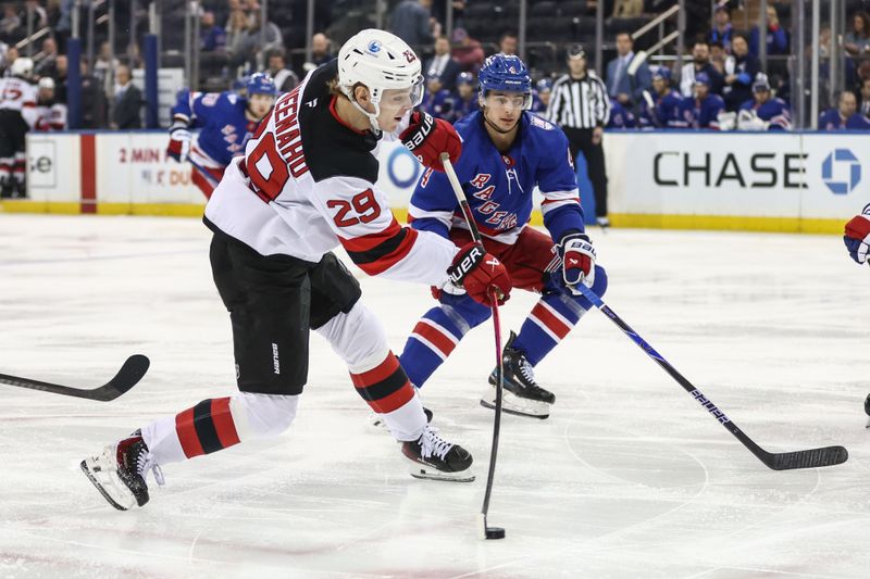 Mar 31, 2026; New York, New York, USA; New Jersey Devils right wing Lenni Hameenaho (29) attempts a shot on goal in the third period against the New York Rangers at Madison Square Garden. Mandatory Credit: Wendell Cruz-Imagn Images Mar 31, 2026; New York, New York, USA; New Jersey Devils right wing Lenni Hameenaho (29) attempts a shot on goal in the third period against the New York Rangers at Madison Square Garden. Mandatory Credit: Wendell Cruz-Imagn Images