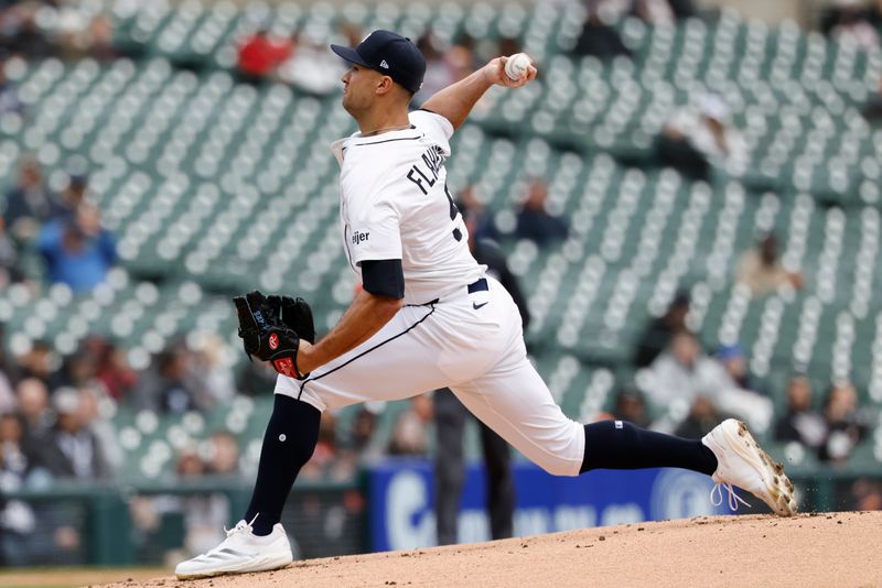 Apr 9, 2025; Detroit, Michigan, USA;  Detroit Tigers pitcher Jack Flaherty (9) pitches in the first inning against the New York Yankees at Comerica Park. Mandatory Credit: Rick Osentoski-Imagn Images