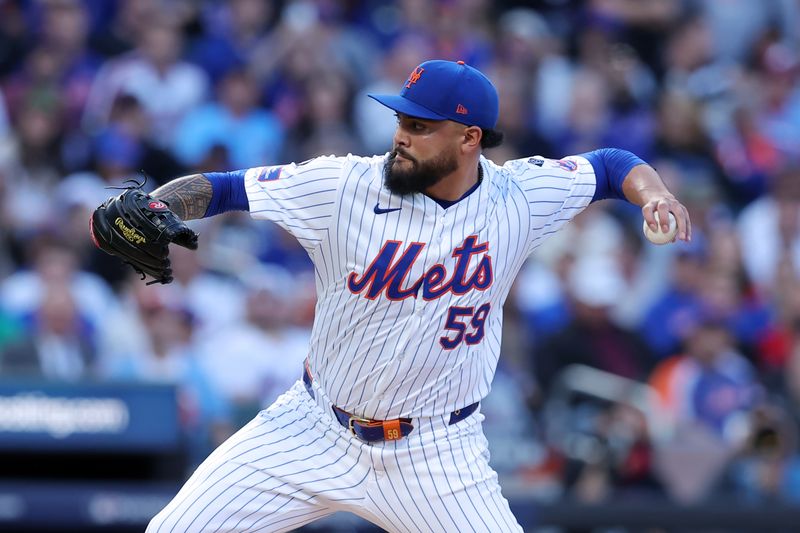 Oct 8, 2024; New York City, New York, USA; New York Mets pitcher Sean Manaea (59) pitches against the Philadelphia Phillies in the first inning during game three of the NLDS for the 2024 MLB Playoffs at Citi Field. Mandatory Credit: Brad Penner-Imagn Images